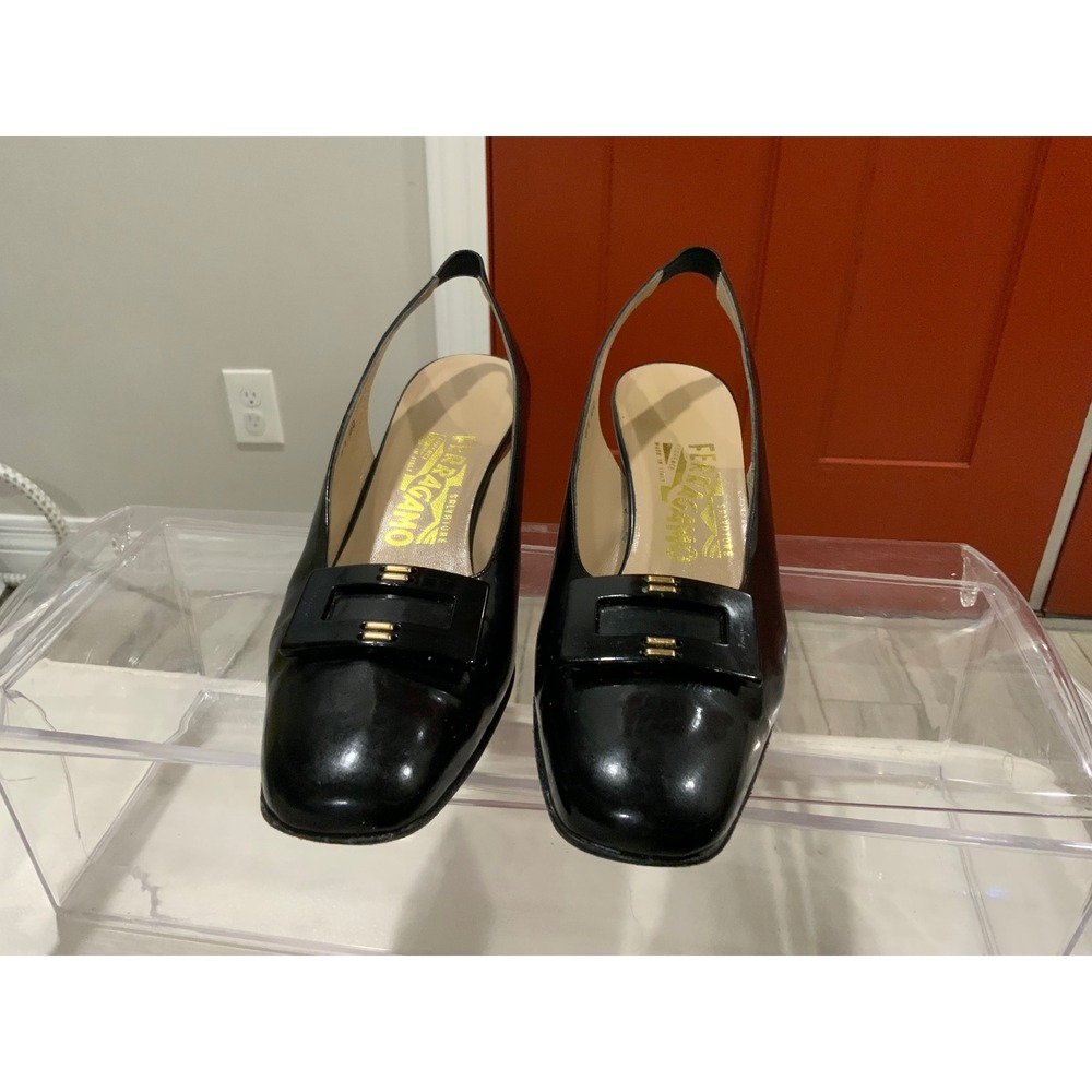 Salvatore Ferragamo Black Patent Leather Slingback Pumps Square Toe E56 8.5 AA - Picture 11 of 11